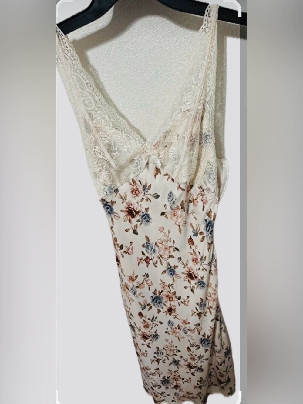 Floral Lace Slip Dress - Cream with Blue & Brown Flowers